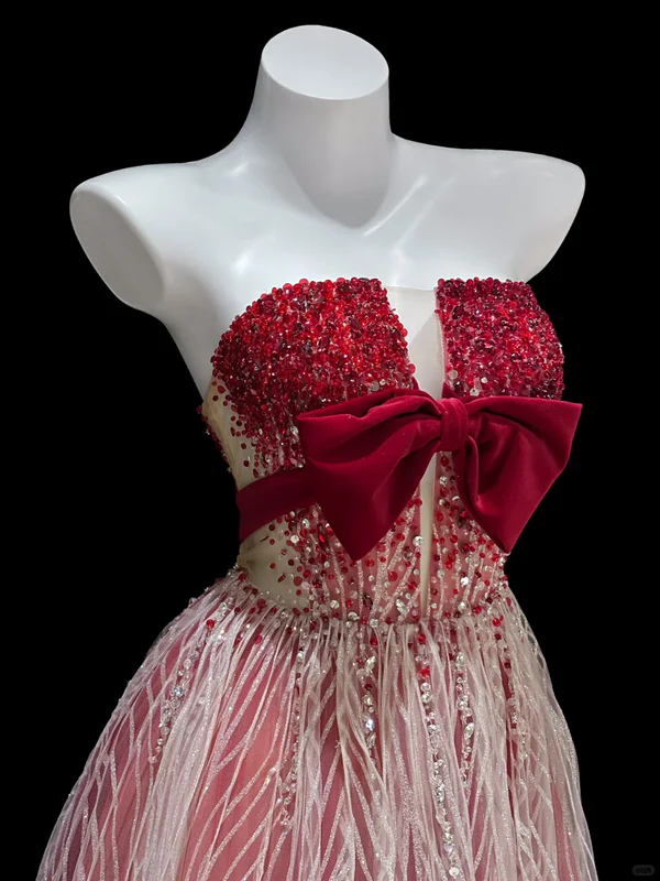 Red White Ombre A Line Strapless Exquisite Beaded Sequin Tulle Long Prom Dress