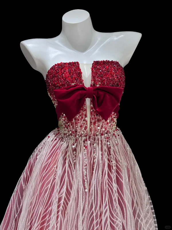 Red White Ombre A Line Strapless Exquisite Beaded Sequin Tulle Long Prom Dress