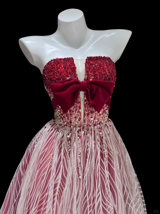 Red White Ombre A Line Strapless Exquisite Beaded Sequin Tulle Long Prom Dress