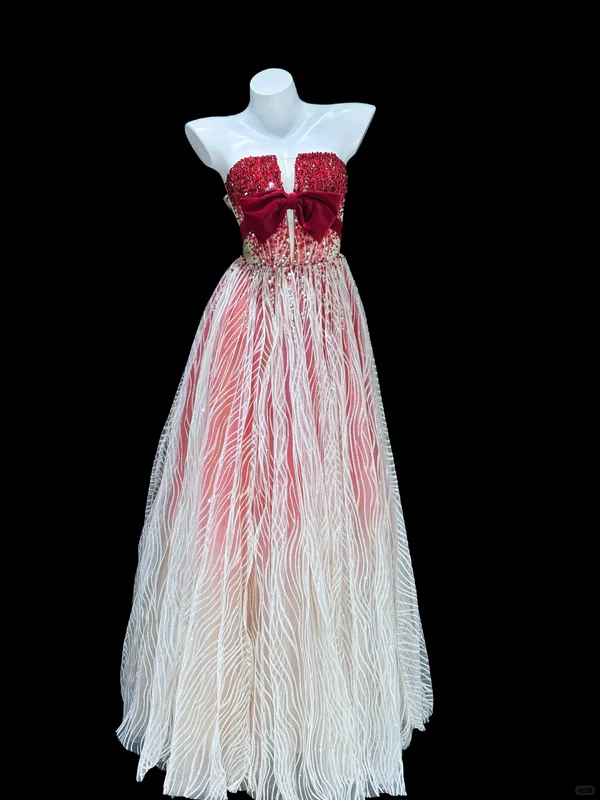 Red White Ombre A Line Strapless Exquisite Beaded Sequin Tulle Long Prom Dress