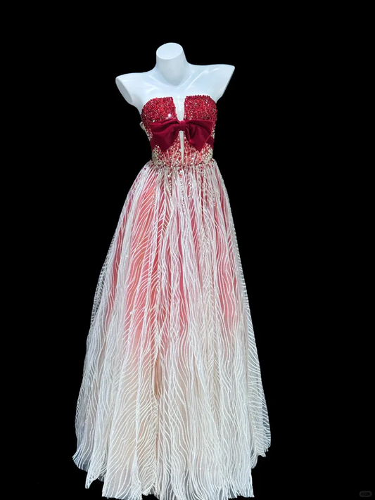 Red White Ombre A Line Strapless Exquisite Beaded Sequin Tulle Long Prom Dress