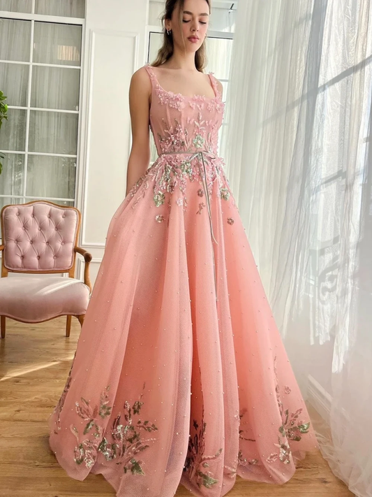 Rose Pink Evening Dress Fashion Pearls Flowers A Line Special Occasions Square Neck Customized Women Party Prom Gown Zipper Back