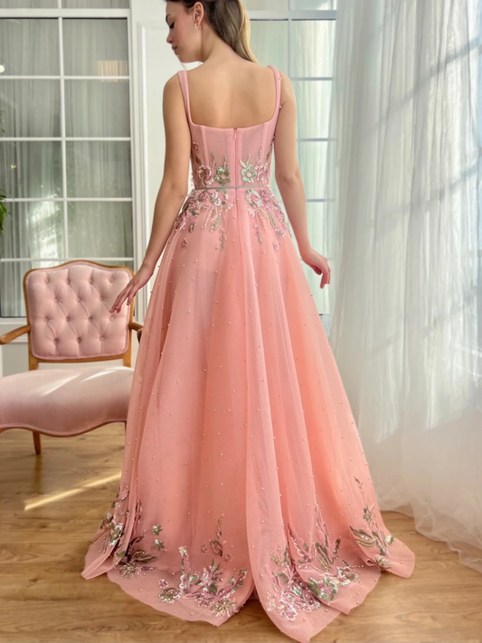 Rose Pink Evening Dress Fashion Pearls Flowers A Line Special Occasions Square Neck Customized Women Party Prom Gown Zipper Back