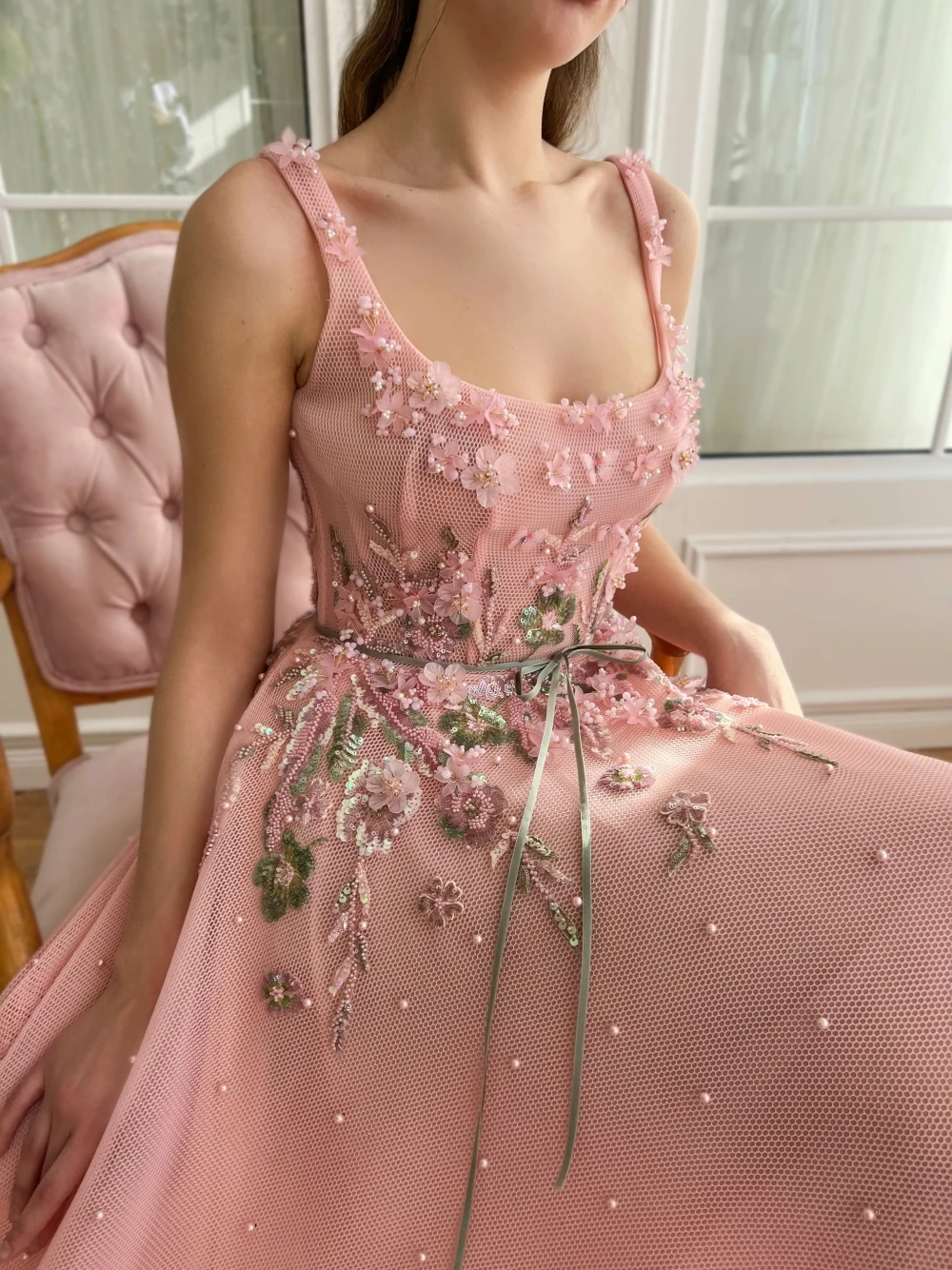 Rose Pink Evening Dress Fashion Pearls Flowers A Line Special Occasions Square Neck Customized Women Party Prom Gown Zipper Back