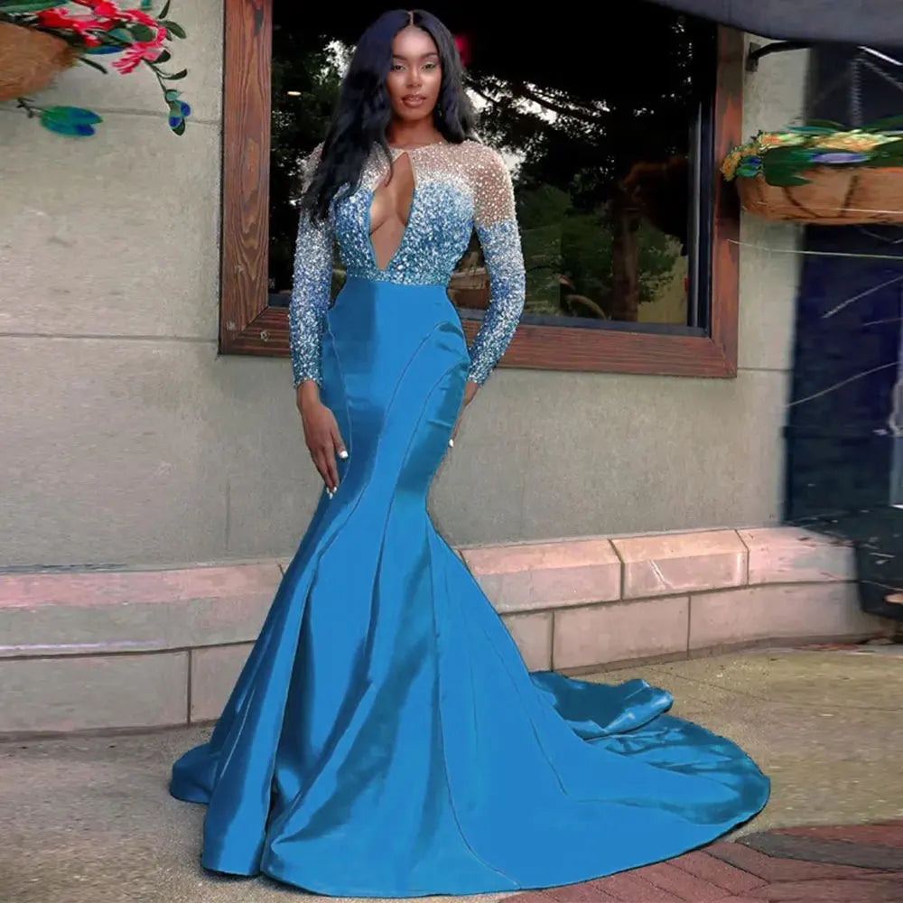 Africa Turquoise Mermaid Prom Dresses Sexy Chest Hollow Backless Long Sleeves Evening Gown Crystal Beads Formal Party Dress