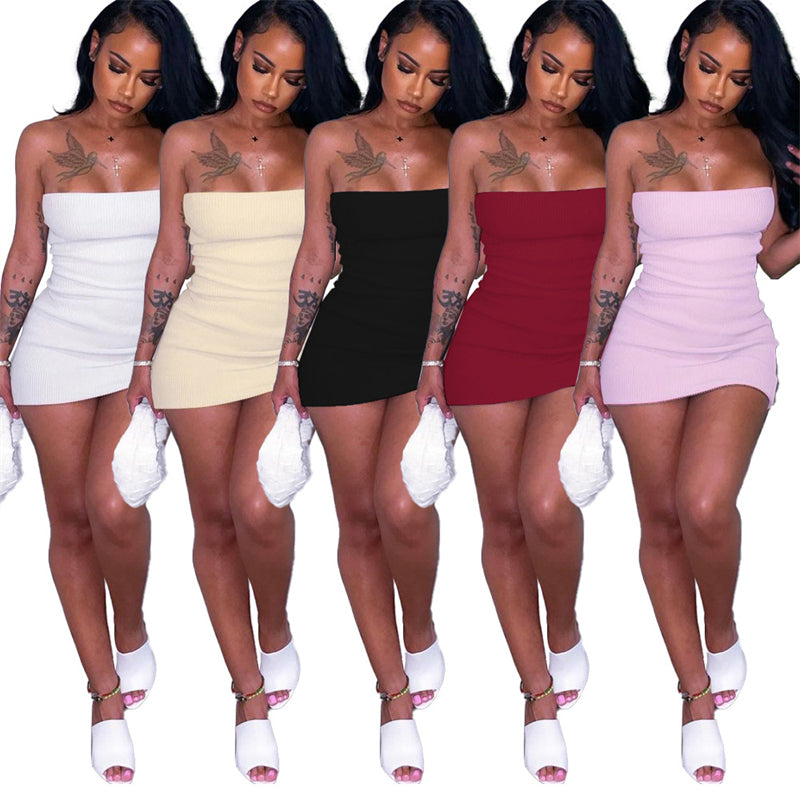 Elegant Strapless Tube Backless Knitted Elastic Slim Party Club Short Women Off Shoulder Bodycon Mini Dress