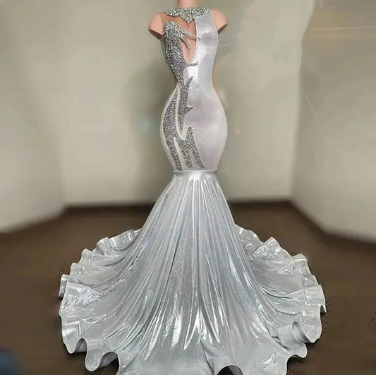 2025 Elegant Silver Mermaid Evening Dresses For Women Sequin Beading Sleeveless Birthday Party Wear Prom Gowns Customized