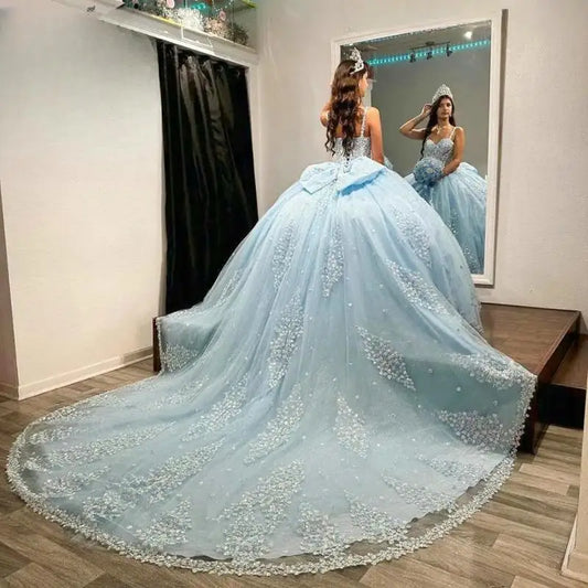 Light Blue 3D Floral Lace Bow Quinceanera Dresses Ball Gown Illusion Spaghetti Strap Corset Vestidos De XV Anos Customized