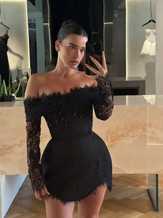 Fashion Black Short Off The Shoulder Sweetheart Lace Illusion Embroidery Evening Dress Beading Crystal Mini Homecoming Dress