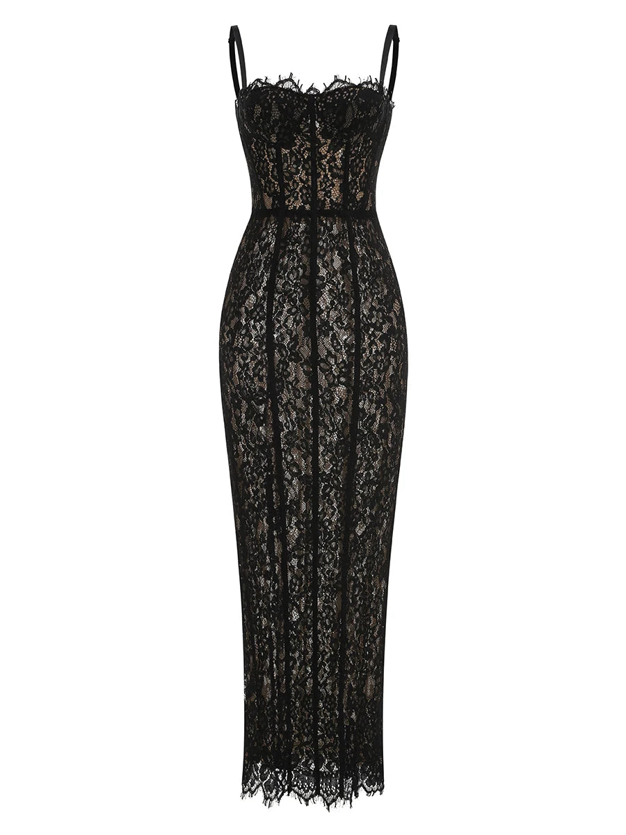 Black Lace Patwork Sleeveless Maxi Dress for Women 2025 Summer Sexy Bodycon Party Dresses Fashion Summer Celebrity Club Wear