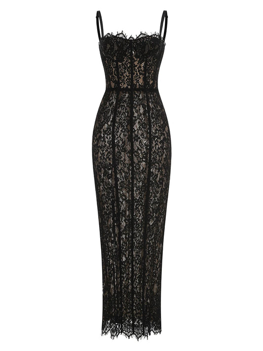 Black Lace Patwork Sleeveless Maxi Dress for Women 2025 Summer Sexy Bodycon Party Dresses Fashion Summer Celebrity Club Wear