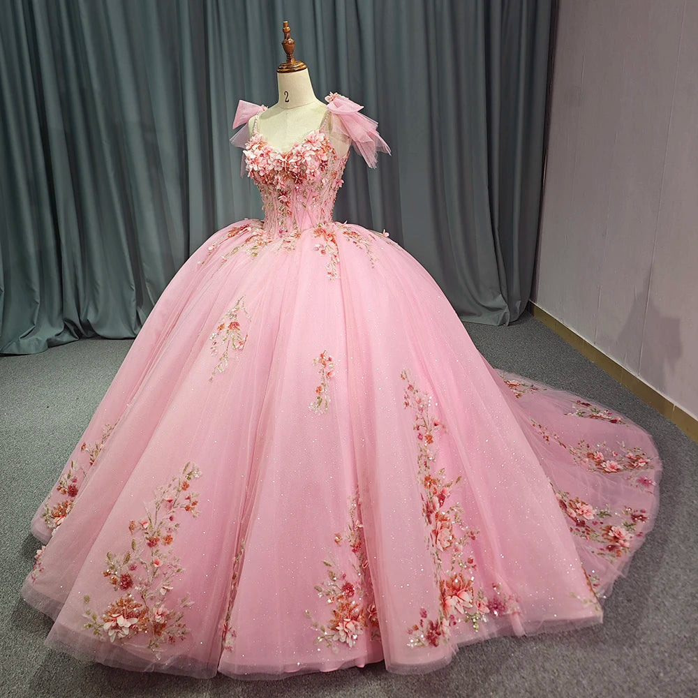 Customized Pink Shiny Suspenders Ball Gown Quinceanera Dresses Off Shoulder Floral Lace Sweet 16 Dress