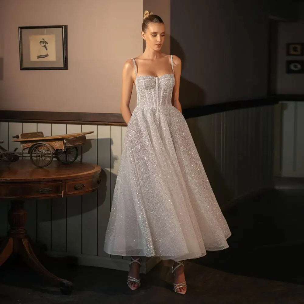 Customized Glitter Wedding Dresses Tulle Spaghetti Straps Sweetheart Sparkle Bride Gowns Lace-up A-line Robe De Mariee Vestidos