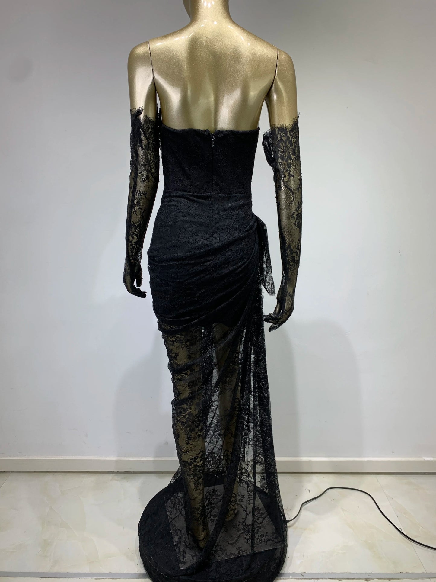 Women Summer Sexy Strapless Backless Black Lace Gloves Maxi Long Dress Elegant Evening Party Club Dress