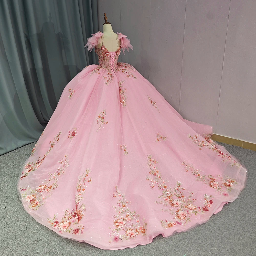 Customized Pink Shiny Suspenders Ball Gown Quinceanera Dresses Off Shoulder Floral Lace Sweet 16 Dress