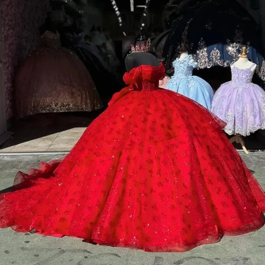 Sparkly Red Vestido De Princesas Lace Beading Crystals Off the Shoulder Ball Gown With Bow Tull Vestidos De 15 Anos Customized