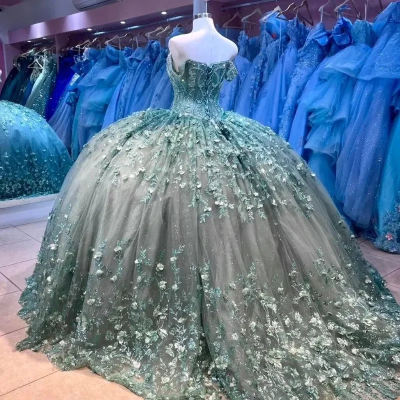 Green Sweetheart Vestidos De 15 Quinceañera Floral Sequin Princess Off Shoulder Ball Gown Vestidos De 15 Anos Customized