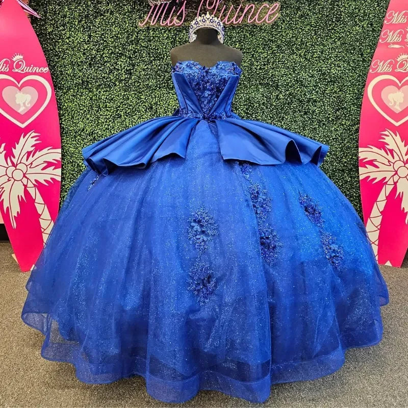 Romantic Blue Princess Quinceanera Dresses Strapless Tiered Applique Lace Beads Corset Vestido De 15 Anos Ball Gown Customized