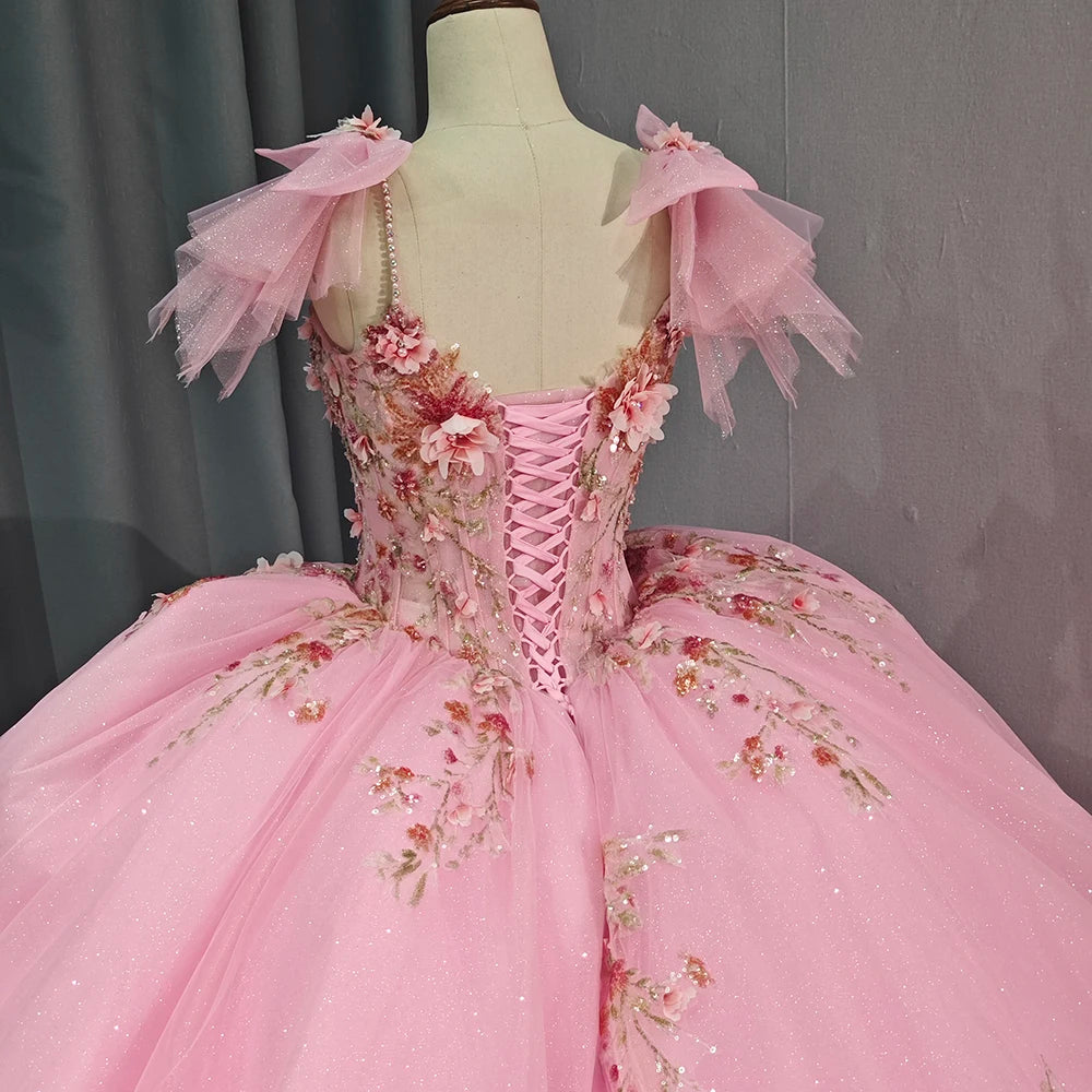 Customized Pink Shiny Suspenders Ball Gown Quinceanera Dresses Off Shoulder Floral Lace Sweet 16 Dress
