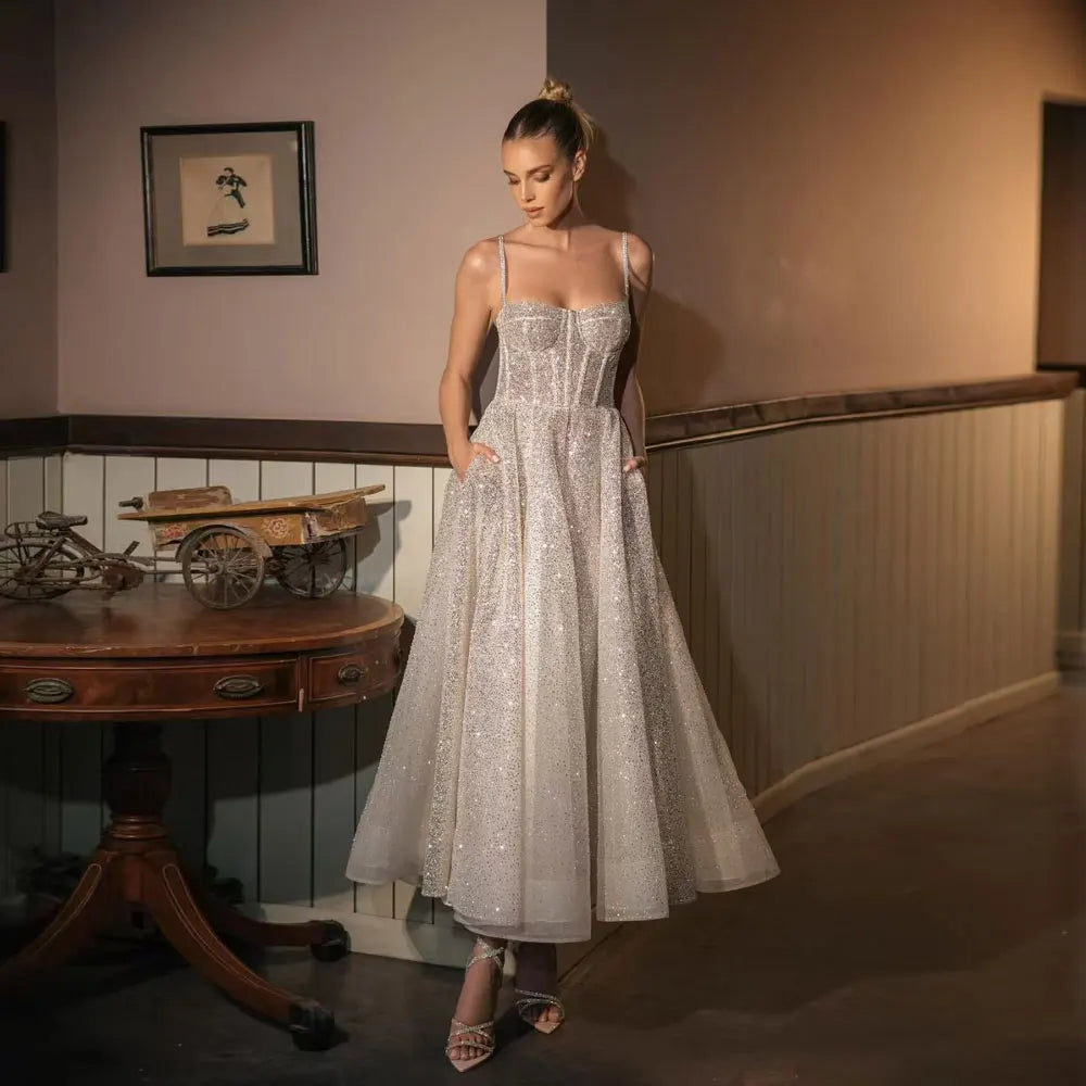 Customized Glitter Wedding Dresses Tulle Spaghetti Straps Sweetheart Sparkle Bride Gowns Lace-up A-line Robe De Mariee Vestidos