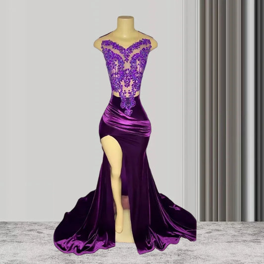 Luxury Sexy Sheer Purple Long Black Girls Prom Dresses Mermaid Style Beaded Crystals Prom Party Gowns