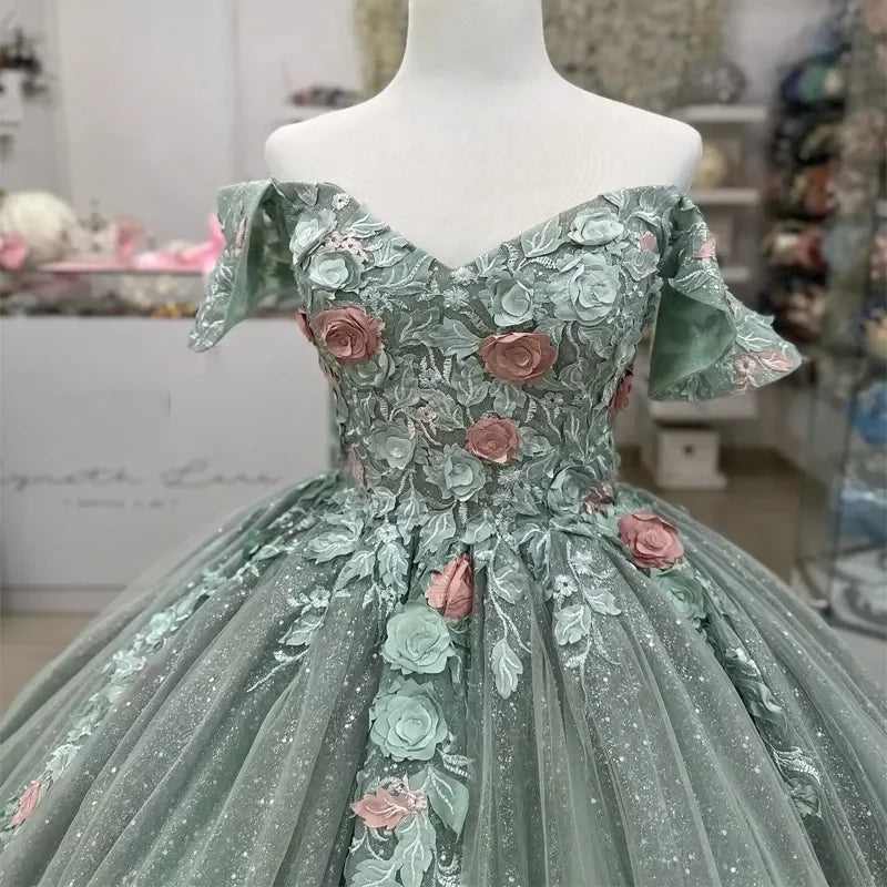 Floral Mint Green Robe De Quinceanera Pretty Flowers Appliques Sweetheart Off The Shoulder Tull Corset Ball Gown Customized