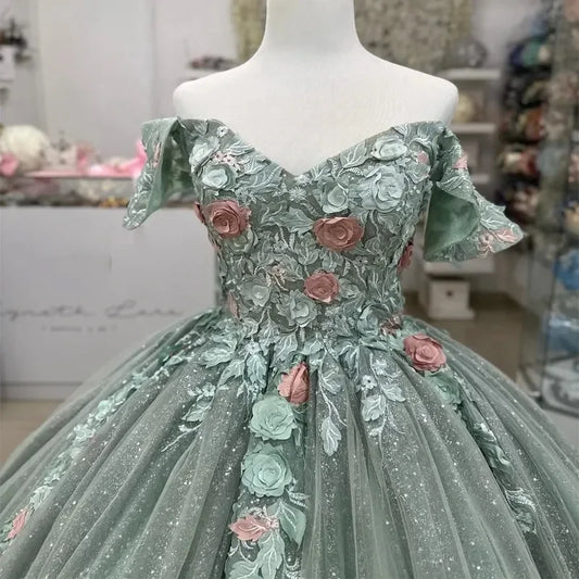 Floral Mint Green Robe De Quinceanera Pretty Flowers Appliques Sweetheart Off The Shoulder Tull Corset Ball Gown Customized