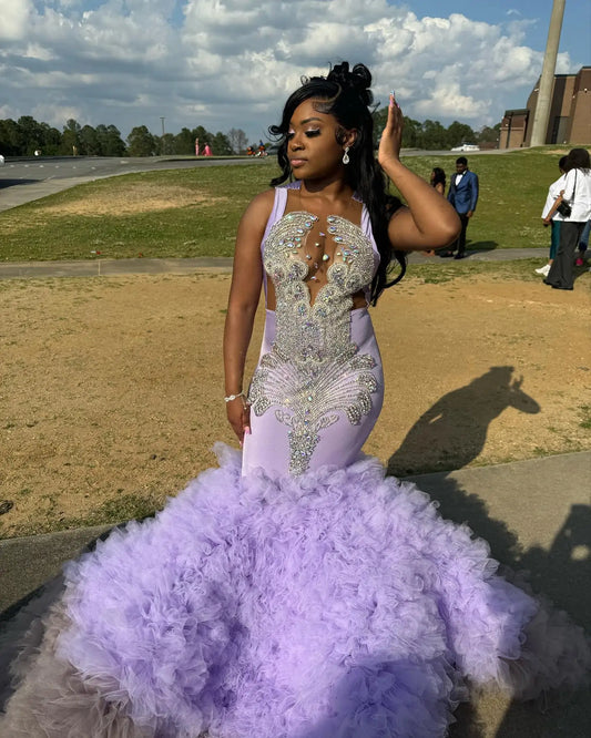 Luxury Crystals Beaded Mermaid Prom Dress Tulle Ruffles Skirt Evening Party Gown For Black Girls Long Birthday Robe De Soiree