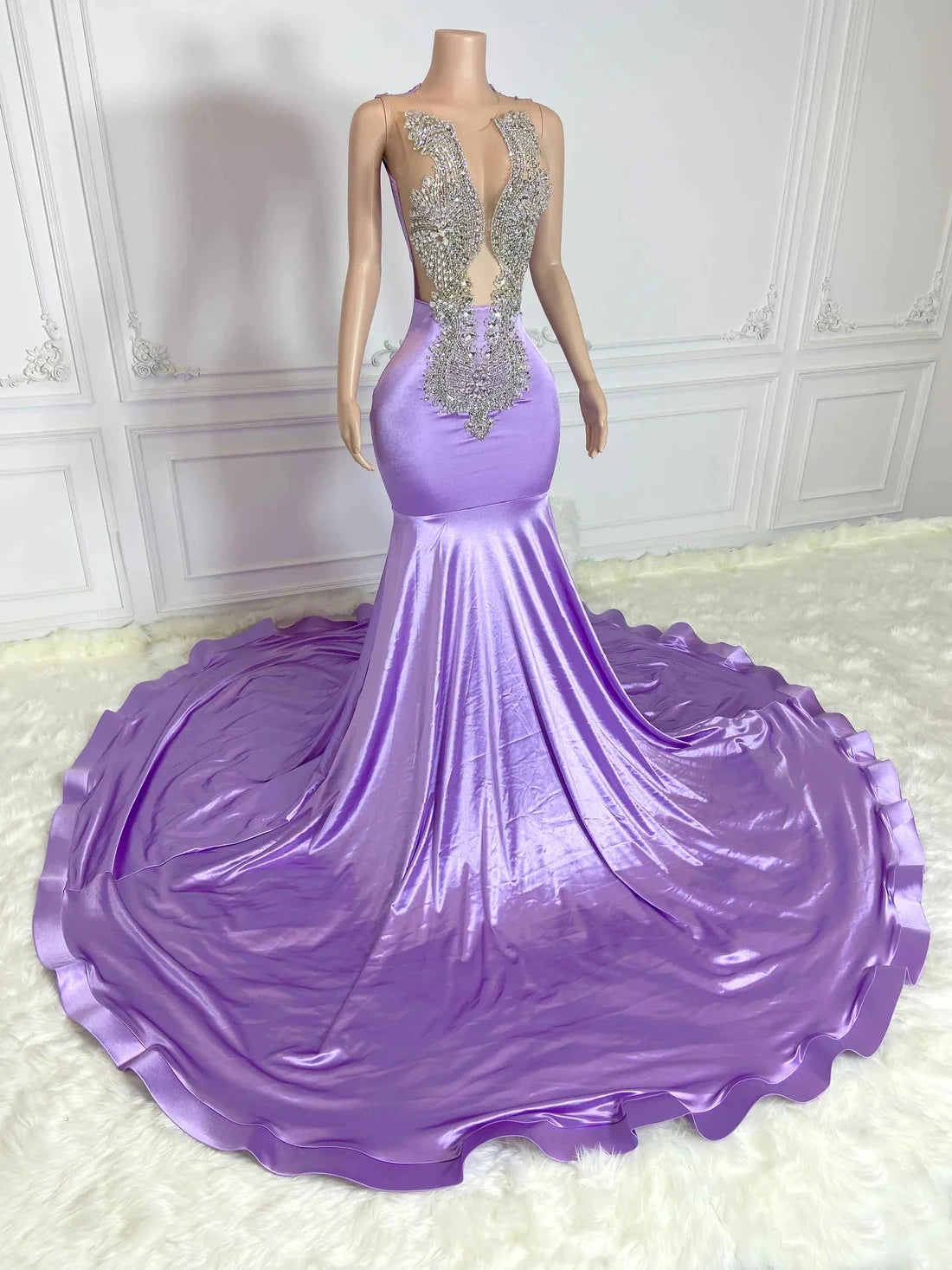 Lilac Sheer African American Long Prom Dresses For Black Girls Mermaid Sheer Crystals Nigeria Evening Gown Customized