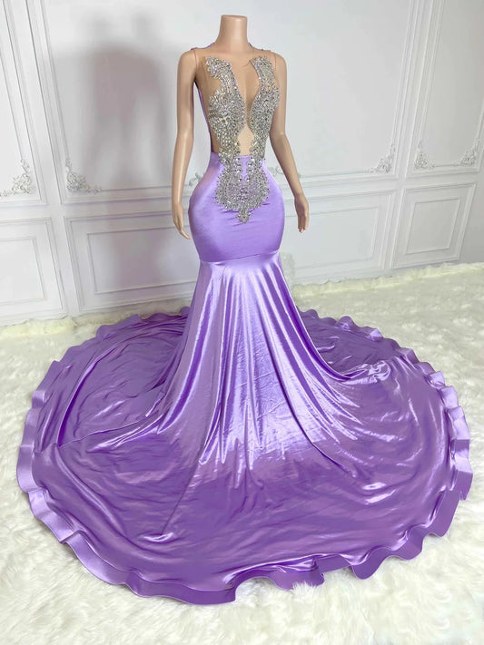 Lilac Sheer African American Long Prom Dresses For Black Girls Mermaid Sheer Crystals Nigeria Evening Gown Customized