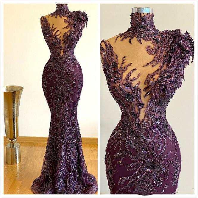 Luxurious Arabic Style Mermaid Prom Party Dresses Grape Full Lace Beaded Plus Size Formal Evening Occasion Gowns