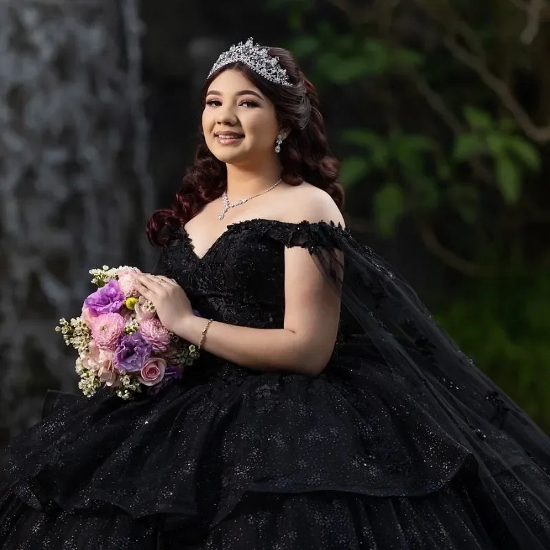 Luxury Black Ball Gown Lace Appliqued Lace Beading Crystal Off The Shoulder Quinceanera Dresses Vestidos De 15 Anos Customized
