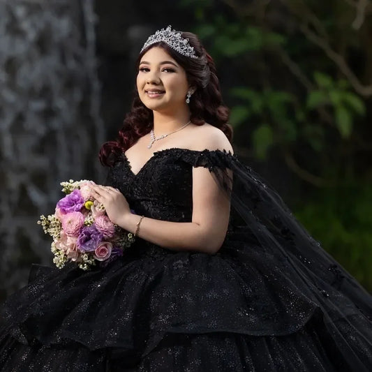 Luxury Black Ball Gown Lace Appliqued Lace Beading Crystal Off The Shoulder Quinceanera Dresses Vestidos De 15 Anos Customized