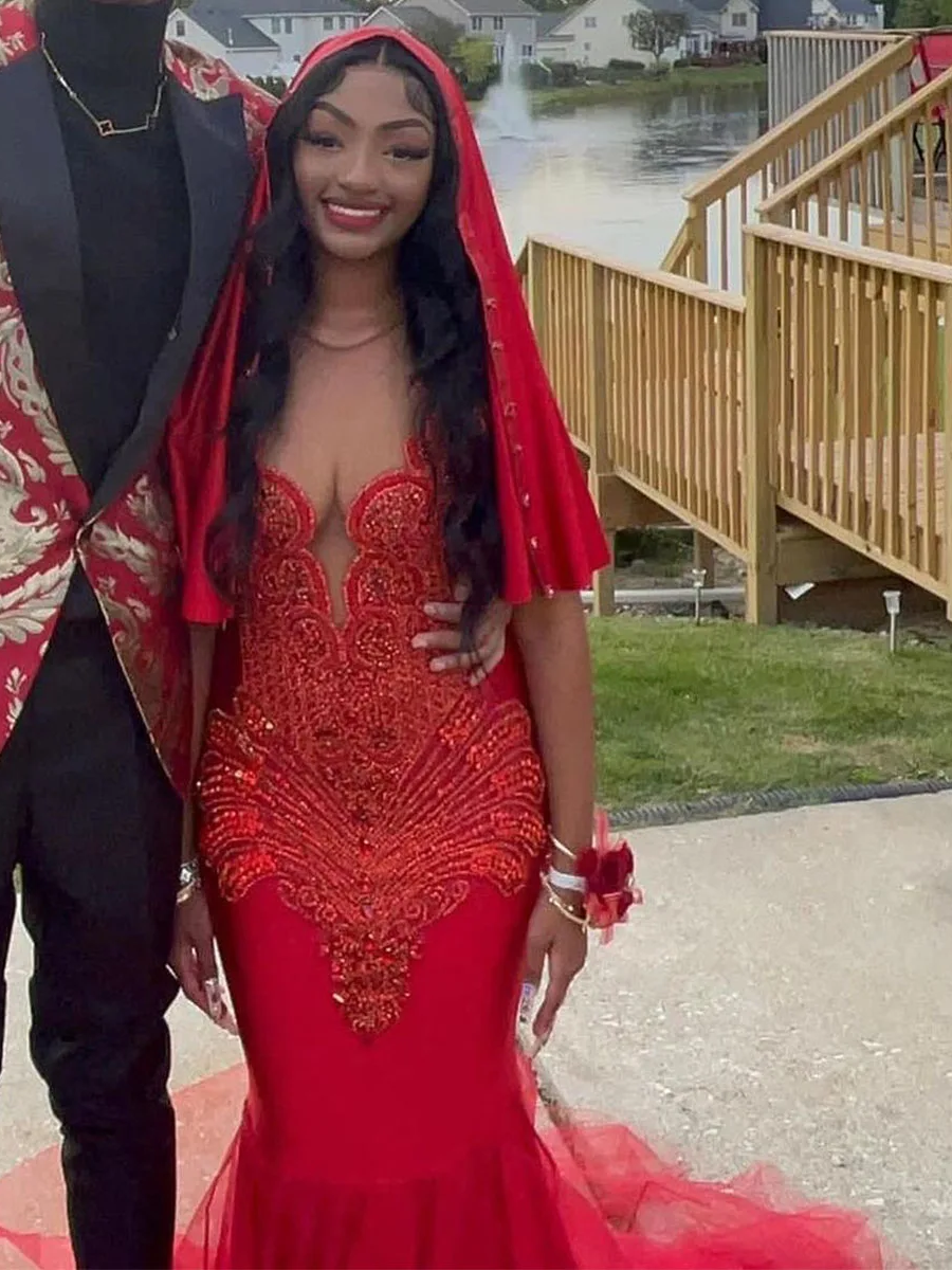 Luxury Red Sequin Mermaid Prom Dresses Beaded Crystals Black Girl Evening Gowns Ruffles Formal Party Dress