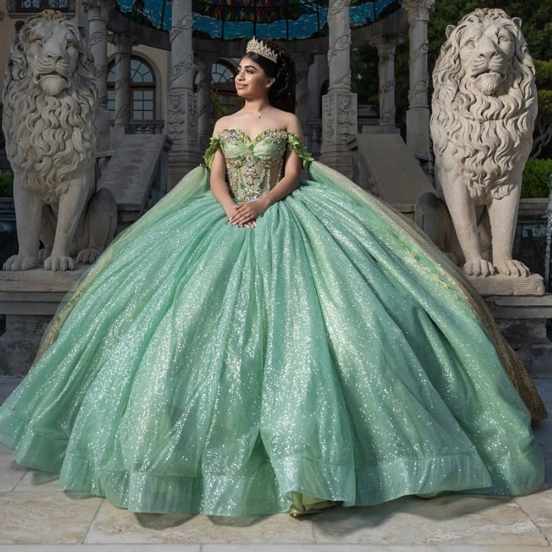 Sage Green Shiny Ball Gown Quinceanera Dresses With Cape Birthday Party Lace Beads Tull Vestidos De 15 Años Sweet 16 Dress