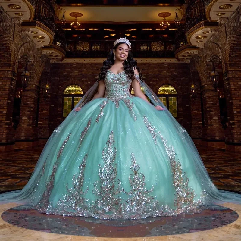 Mint Green Ball Gown Gold Applique Off The Shoulder Quinceanera Dresses With Cape Sweet 16 Vestidos De 15 Anos customized