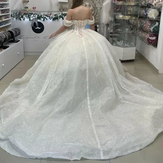 Princely Ivory Sweetheart Robe De Quinceanera Glitter Ruffles Lace-Up Off The Shoulder Applique Lace Ball Gown Customized