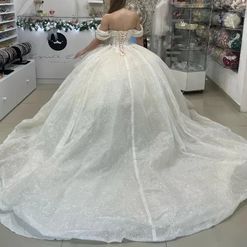 Princely Ivory Sweetheart Robe De Quinceanera Glitter Ruffles Lace-Up Off The Shoulder Applique Lace Ball Gown Customized