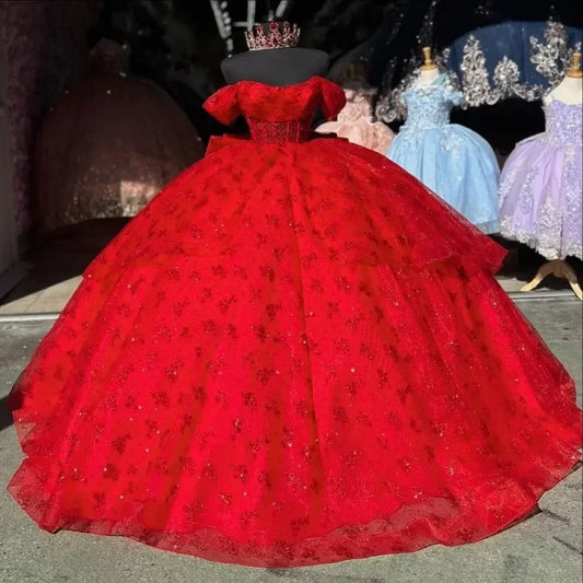 Sparkly Red Vestido De Princesas Lace Beading Crystals Off the Shoulder Ball Gown With Bow Tull Vestidos De 15 Anos Customized