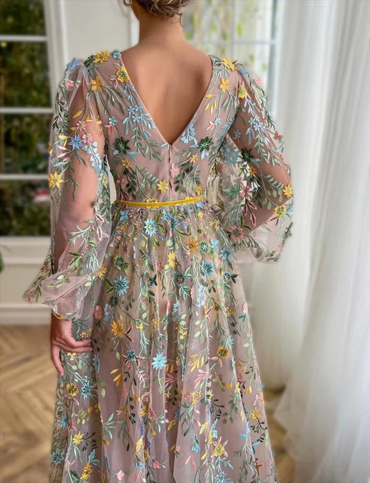Fancy Flower Women Vestidos De Noche Elegant Puffy Sleeves A-line فساتين السهرة Sweet V-neck Long Sleeves Prom Dress