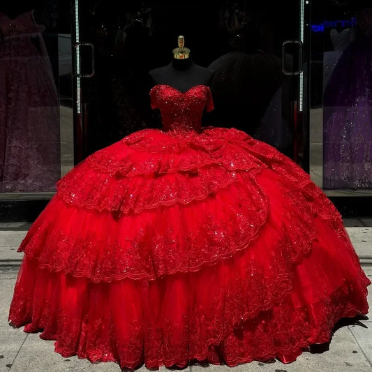 Luxury Red Vestidos De 15 Quinceañera Sweetheart Off The Shoulder Beads Crystal Appliques Lace Tull Sweet Customized Prom Gowns
