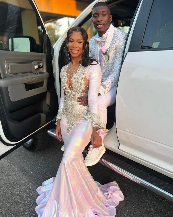 Gillter White Mermaid Prom Dresses customsized For Black Girls Luxury Beaded Sheer Neck Birthday Party Dress Evening Dress