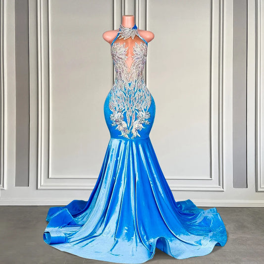 Long Blue Velvet Elegant Prom Dresses for Black Girls Silver Crystal Beads Luxury Birthday Party Mermaid Dress Customized