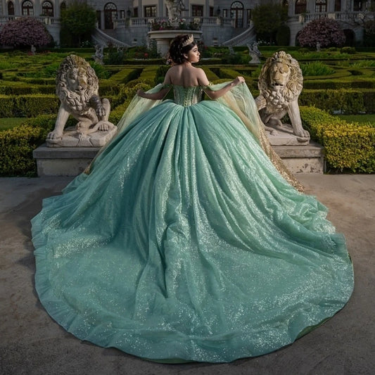 Sage Green Shiny Ball Gown Quinceanera Dresses With Cape Birthday Party Lace Beads Tull Vestidos De 15 Años Sweet 16 Dress