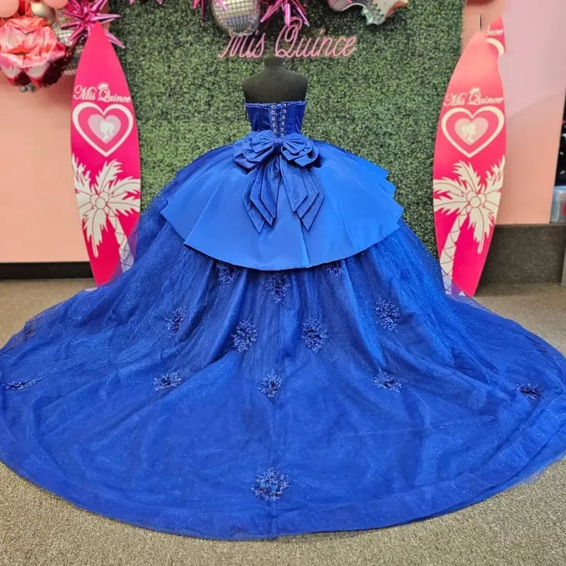 Romantic Blue Princess Quinceanera Dresses Strapless Tiered Applique Lace Beads Corset Vestido De 15 Anos Ball Gown Customized