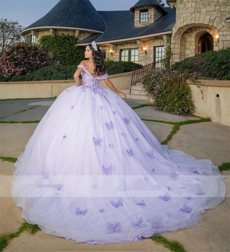 Lilac Princess Ball Gown Quinceanera Dresses Off Shoulder Butterfly Appliques Crystal