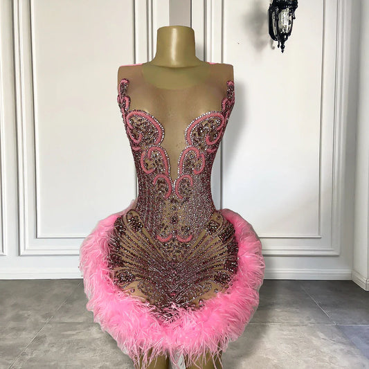 Luxury Sheer Sexy See Through Birthday Party Gowns Sparkly Diamond Pink Feather Black Girls Short Prom Dresses