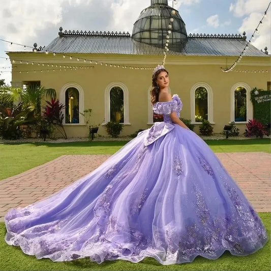 Luxury Lavender Quinceanera Dresses Applique Lace-Up Bow Vestidos De 15 Anos Tulle Mexican Girls Birthday Gowns Customized