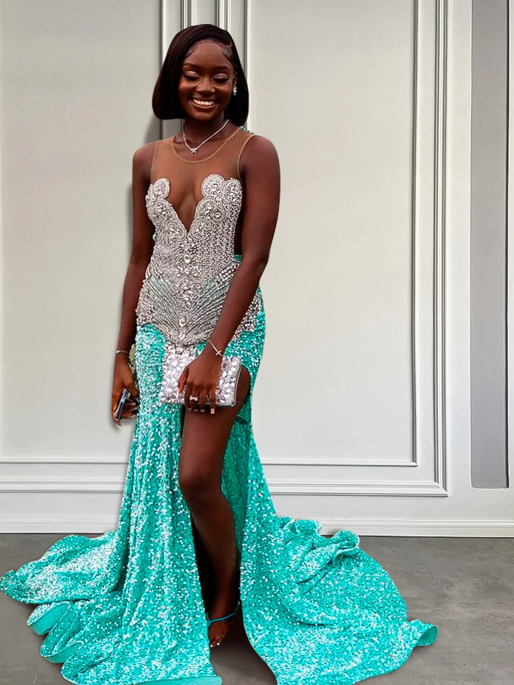 Sparkly Sequins Mermaid Prom Dresses  Silver Rhinestone Beads See Thru Long Slit Birthday Party Gowns Customized