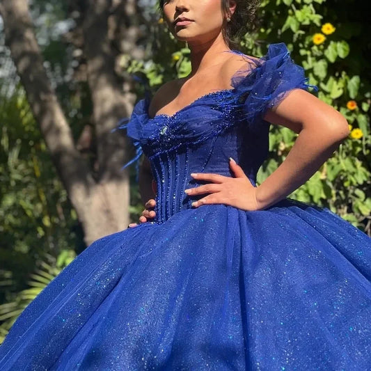 Sparkly Royal Blue Vestidos De 15 Quinceañera Sequined Appliques Off The Shoulder Ball Gown Tull Vestidos De 15 Anos Customized